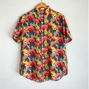 J Crew Linen Floral Button Shirt Medium Classic Fit Resort Travel Vacation